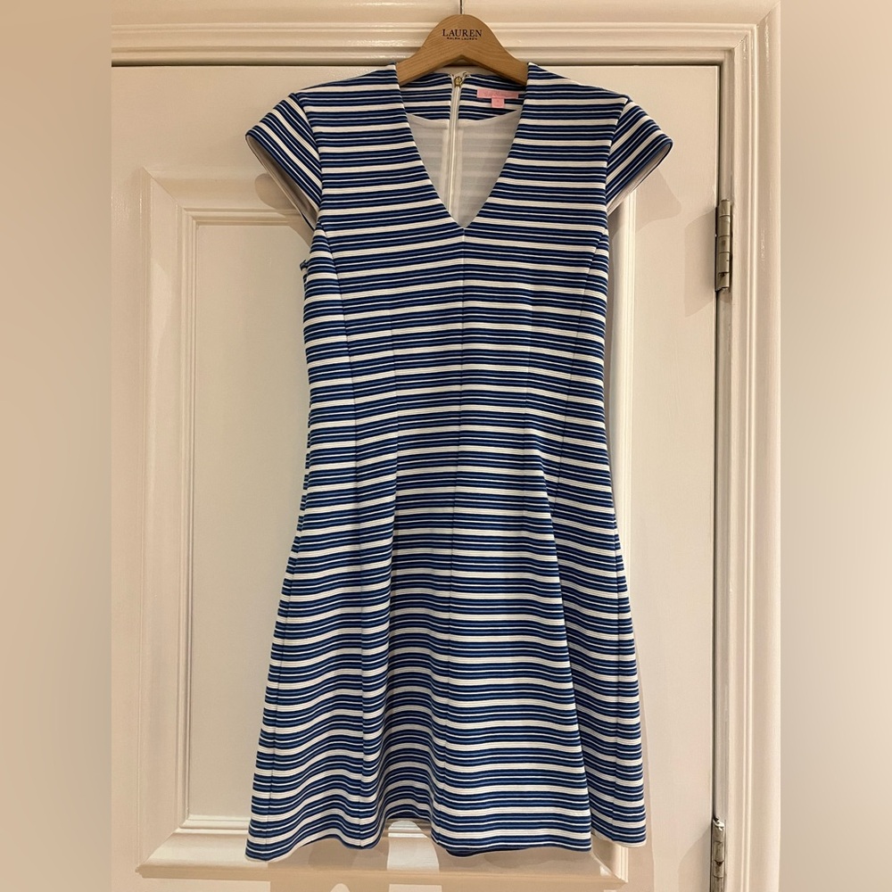 Lilly Pulitzer Bree Dress Size Large Fit & Flare Blue Stripes Cap Sleeves Preppy